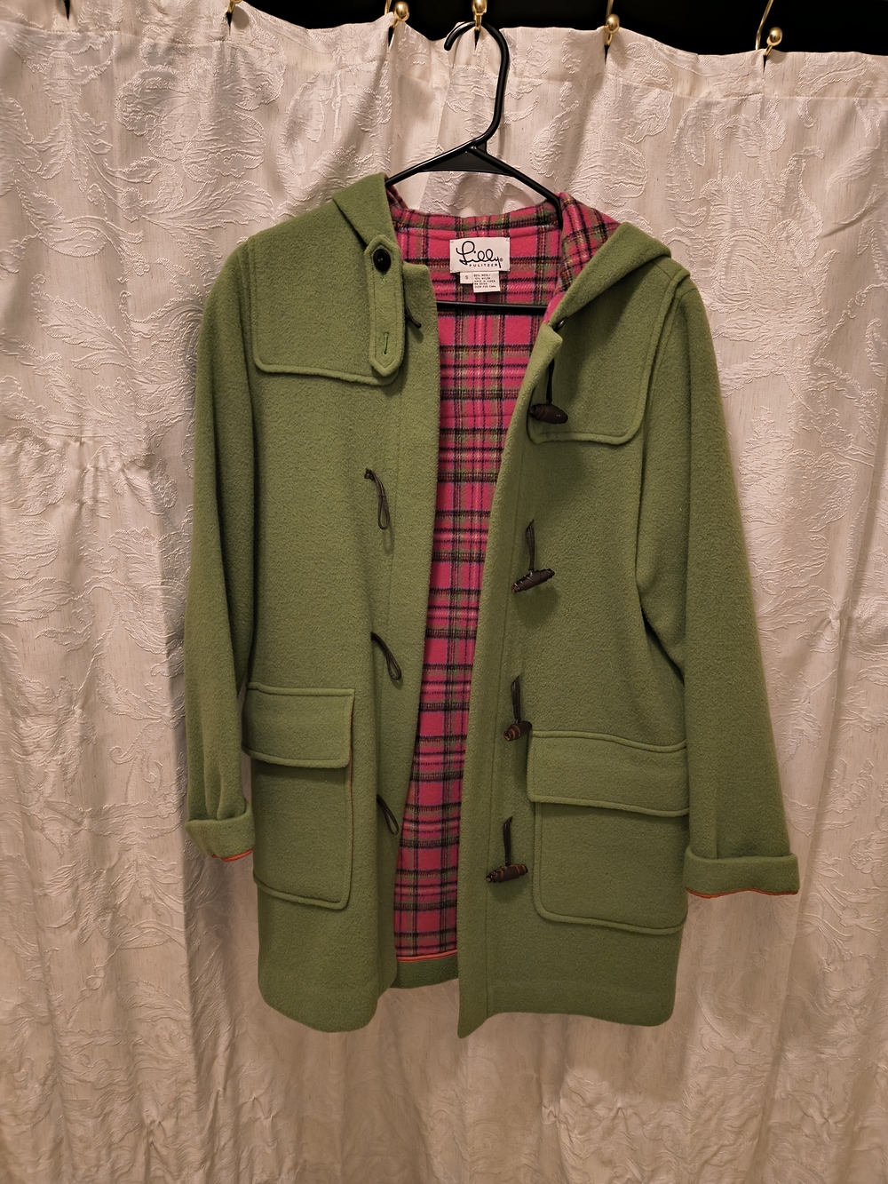 Lilly Pulitzer Green Toggle Pea Coat with Pink Plaid Lining And Hat Size S.